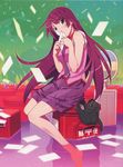  1girl bad_id bakemonogatari barefoot blue_eyes feet_in_water female flood highres letter long_hair looking_at_viewer love_letter manjuu_a monogatari_(series) nisemonogatari no_legwear open_\m/ postbox purple_hair school_uniform senjougahara_hitagi shoes_removed sitting sleeves_rolled_up soaking_feet solo watanabe_akio water 