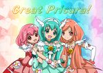  aqua_eyes aqua_hair bad_id bad_pixiv_id blue_skirt bow bowtie brooch chierigirls choker hair_over_shoulder hand_on_hip head_wings heart heart_background jewelry long_hair magical_girl multiple_girls orange_eyes orange_hair orange_skirt original parody pink_eyes pink_hair pink_skirt precure rainbow_background short_hair skirt smile smile_precure! tiara 