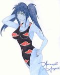  akatsuki_(naruto) blue_hair blue_skin breasts cleavage genderswap gills hoshigaki_kisame naruto one-piece_swimsuit raiha_(deviantart) sharp_teeth swimsuit twintails white_background wink 