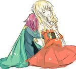  1boy 1girl blonde_hair cape claire_bennett dress eyes_closed flower frills long_hair open_mouth purple_hair saleh short_hair tales_of_(series) tales_of_rebirth 