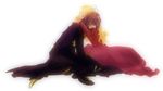  1boy 1girl blonde_hair boots cape claire_bennett dress eyes_closed flower gloves hug long_hair purple_hair saleh short_hair tales_of_(series) tales_of_rebirth 