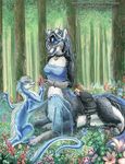  blue_eyes breasts canine collar couple cute dragon female feral flower forest hair kacey male mammal outside scalie taur tree white_hair wings 