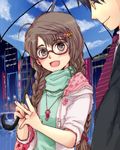  1girl :d bad_hands blush braid brown_eyes brown_hair glasses hair_ornament hairclip idolmaster idolmaster_cinderella_girls jacket jewelry kisarazuma long_hair necklace necktie okuyama_saori open_mouth producer_(idolmaster_anime) smile striped striped_neckwear twin_braids umbrella 