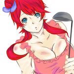 1girl apron blue_eyes breasts fuuro_(pokemon) gym_leader ladle large_breasts naked_apron pokemon red_hair 