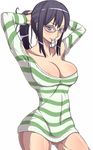  adjusting_hair areola_slip areolae arms_up bangs bare_shoulders black_hair blue_eyes bottomless breasts cleavage collarbone cowboy_shot dress erect_nipples female glasses hairband large_breasts long_sleeves looking_at_viewer mouth_hold nico_robin one_piece one_piece:_strong_world parted_lips rasen_kyuuri shiny shiny_hair shiny_skin shirt short_dress simple_background solo striped striped_dress striped_shirt striped_sweater sweater sweater_dress thick_thighs thighs white_background 