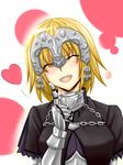  :d akashiro_sen armor blonde_hair blush closed_eyes fate/apocrypha fate_(series) finger_to_face gauntlets headpiece heart jeanne_d'arc_(fate) jeanne_d'arc_(fate)_(all) open_mouth smile solo 