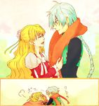  &gt;_&lt; armor blonde_hair blue_eyes blue_hair blush braid breasts claire_bennett comic eyes_closed flower frills gloves long_hair open_mouth ribbon scarf tales_of_(series) tales_of_rebirth veigue_lungberg 