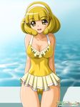  bad_id bad_pixiv_id blonde_hair casual_one-piece_swimsuit hairband kise_yayoi older one-piece_swimsuit onoe precure short_hair smile_precure! swimsuit thigh_gap white_hairband yellow_eyes yellow_swimsuit 