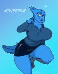  &lt;3 2019 anthro arnachy avian beak big_breasts bird blue_feathers breasts clothed clothing digital_media_(artwork) eyelashes feathers female hi_res looking_at_viewer meme nipple_bulge non-mammal_breasts open_beak open_mouth signature simple_background solo tweetfur twitter 