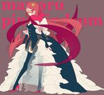  black_legwear brown_background colored_eyelashes copyright_name crown detached_sleeves frills high_heels highleg long_hair long_legs long_skirt looking_at_viewer mawaru_penguindrum mochizuki_kei nail_polish princess_of_the_crystal red_eyes red_footwear red_hair red_scarf scarf shoes simple_background skirt solo standing strapless takakura_himari thighhighs 