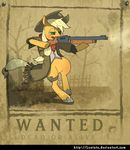  anthro anthrofied applejack_(mlp) blonde_hair blush clothed clothing cowboy_hat english_text equine female fence freckles friendship_is_magic fur green_eyes gun hair hat horse lentoto mammal my_little_pony orange_fur pony poster ranged_weapon scarf shirt shotgun simple_background solo standing text tree wanted weapon western wood 