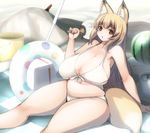  1girl animal_ears blonde_hair blush breasts brown_eyes choko-san_(fuyu) eyebrows fan fox_ears fuyu huge_breasts inner_tube innertube navel open_mouth original plump sagging_breasts sand solo tail thick_thighs thighs towel 