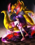  bare_shoulders big_hair bow capri_pants charging dark_skin gen_5_pokemon glowing gym_leader hair_tie haxorus highres iris_(pokemon) long_hair outstretched_arm pants pokemon pokemon_(creature) pokemon_(game) pokemon_bw purple_hair red_eyes shoes skirt smirk two_side_up very_long_hair yilx 