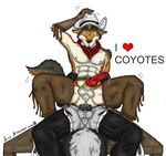  ace_stryker anal animal_genitalia anthro balls canine canine_penis chaps clothed clothing cowboy cowboy_hat coyote duo erection gay gloves half-dressed hat knot male mammal muscles on_table on_top partially_clothed penis reverse_cowgirl_position sex wolf 