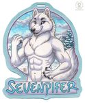  abs anthro badge black_nose blue_eyes canine chest_tuft claws fangs front fur kacey landscape looking_at_viewer male mammal muscles navel nude pecs pose sevenpifer smile snow solo standing tree tuft white white_fur wolf 