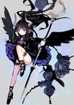  black_hair character_request copyright_request demon_horns dress earrings flower green_eyes horns jewelry legs pointy_ears rose solo staff wings won_(toufunokado) 