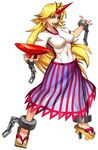  aozoraichi blonde_hair breasts cup fangs highres horn hoshiguma_yuugi impossible_clothes impossible_shirt large_breasts long_hair long_skirt sakazuki sandals shirt skirt solo touhou white_background 