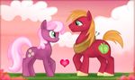  &hearts; &lt;3 big_macintosh_(mlp) cheerilee_(mlp) cloud collar couple cutie_mark detailed_background duo equine eye_contact female feral friendship_is_magic fur green_eyes hair harness hooves horse love male mammal mn27 my_little_pony orange_hair pink_hair pony purple_fur red_fur smile straight two_tone_hair yoke 