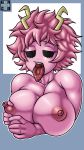  1girl ahegao ashido_mina black_sclera blue_background boku_no_hero_academia breasts collarbone horns large_breasts messy_hair nipples open_mouth pink_hair short_hair solo thethickness tongue tongue_out topless upper_body upper_teeth white_background yellow_eyes 