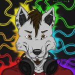  ace_stryker brown_eyes brown_hair canine ear_piercing facial_hair goatee hair headphones male mammal necklace pierced_ears piercing portrait rainbow rave smile solo wolf 