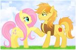  blue_eyes blush braeburn_(mlp) cloud couple cutie_mark equine eye_contact female feral fluttershy_(mlp) friendship_is_magic fur grass green_eyes hair horse long_hair male mammal mn27 my_little_pony orange_hair pegasus pink_hair pony simple_background smile straight two_color_hair two_tone_hair vest wings yellow_fur 