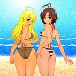  ahoge antenna_hair asakura_sakura ass bare_shoulders beach bikini black_eyes blonde_hair blush brown_bikini brown_hair from_behind green_eyes hand_on_hip highres hoshii_miki idolmaster idolmaster_(classic) idolmaster_2 kikuchi_makoto long_hair looking_back multiple_girls open_mouth shiny shiny_skin short_hair striped striped_bikini striped_swimsuit swimsuit thigh_gap trefoil water 