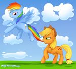  applejack_(mlp) blonde_hair blue_fur clenched_teeth cloud cowboy_hat cutie_mark duo equine eye_contact female feral flying friendship_is_magic fur green_eyes hair hat horse mammal mn27 multi-colored_hair my_little_pony orange_fur pegasus pony purple_eyes rainbow_dash_(mlp) rainbow_hair simple_background tail_bite teeth wings 