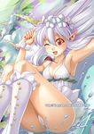  :d armpits blush boots breasts cleavage fairy flower ge_xi hair_flower hair_ornament long_hair minigirl one_eye_closed open_mouth orange_eyes original pointy_ears silver_hair small_breasts smile solo splashing water watermark web_address 