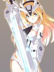  armor arnval arnval_mk2 bare_shoulders blonde_hair blue_eyes busou_shinki doll_joints glowing long_hair mecha_musume silve solo sword weapon 