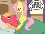  &#3232;_&#3232; 2021 bed big_macintosh_(mlp) blue_eyes cute cutie_mark equine feral fluttershy_(mlp) friendship_is_magic green_eyes hair horse long_hair male mammal megasweet my_little_pony pegasus pillow pink_hair pony tongue tongue_out wings 