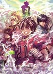  ^_^ akaba_hayato bandaid black_hair blonde_hair blood722 brown_eyes brown_hair closed_eyes earrings eyeshield_21 facepaint football football_helmet football_uniform gaou_rikiya gloves grin hairlocs helmet hiruma_youichi jewelry kaitani_riku kobayakawa_sena kongou_agon male_focus multiple_boys raimon_tarou red_eyes red_hair scar sharp_teeth shin_seijuurou smile smoke spiked_hair sportswear sunglasses teeth white_hair 