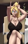  2019 big_breasts blizzard_entertainment blonde_hair blue_eyes breasts chair cleavage clothed clothing crossed_legs dress female furball glowing glowing_eyes hair high_elf huge_breasts humanoid looking_at_viewer nipple_bulge not_furry ponytail simple_background sitting solo table tight_clothing video_games warcraft 