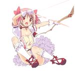  :o arms_up arrow blush bobby_socks bow bow_(weapon) breasts choker hair_bow jewelry kaname_madoka kneehighs magical_girl mahou_shoujo_madoka_magica nipple_slip nipples open_mouth panties pantyshot pantyshot_(sitting) pendant petite pink_hair pink_skirt red_eyes red_footwear shoes sitting skirt small_breasts socks solo struggling suzuki24 twintails underwear weapon white_legwear white_panties 