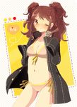  bad_id bad_pixiv_id bikini breasts brown_hair cleavage earrings front-tie_top jacket jewelry kujikawa_rise medium_breasts nakana navel one_eye_closed open_clothes open_jacket persona persona_4 side-tie_bikini sleeves_past_wrists smile solo swimsuit twintails 