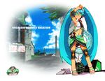  aqua_hair arm_up bikini_bottom cd_case crab digital_media_player elbow_pads food fruit green_eyes green_sarong hatsune_miku headphones highres innertube ipod knee_pads long_hair mouth_hold navel popsicle print_sarong sandals sarong solo sonjow4 twintails very_long_hair vocaloid watermelon 