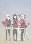  black_hair black_legwear closed_eyes cuffs flower handcuffs holding_hands long_hair multiple_girls one_eye_closed pixiv_fantasia pixiv_fantasia_5 red_eyes red_string rose smile string thighhighs tsukii twintails very_long_hair white_hair zettai_ryouiki 