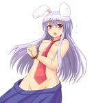 animal_ears bdsm blush bondage bound bound_wrists breasts bunny_ears groin highres long_hair medium_breasts necktie nipples open_mouth phantom2071 purple_hair red_eyes red_neckwear reisen_udongein_inaba rope simple_background skirt solo sweat tears topless touhou white_background 