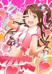  ;d breasts brown_eyes brown_hair crop_top foreshortening half_updo heart highres idolmaster idolmaster_cinderella_girls long_hair medium_breasts midriff murakumo1987 navel one_eye_closed one_side_up open_mouth pink_check_school shimamura_uzuki shirt skirt smile solo taut_clothes taut_shirt v 