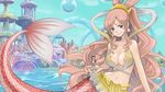  1girl bikini_top blue_eyes blush breasts bubble cleavage coral earrings fishiebug giantess grin hat highres holding jewelry long_hair medium_breasts mermaid monkey_d_luffy monster_girl navel one_piece pink_hair scar shell shirahoshi shirtless size_difference sky smile straw_hat water waves 