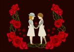  2girls aoi_tsuki_makoto blonde_hair blue_dress bob_cut brooch child cloche_hat dress eye_contact flower grey_dress hair_ornament hairpin hand_holding hat jennifer_(rule_of_rose) jewelry loli looking_at_another mary_janes multiple_girls red_rose rose rule_of_rose shoes short_hair wendy_(rule_of_rose) younger yuri 