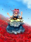  breasts cleavage day dress field flower flower_field frills hair_bobbles hair_ornament highres large_breasts obi onozuka_komachi petals pink_eyes pink_hair sash sketch sky smile solo spider_lily touhou two_side_up unco_(pixiv457393) 
