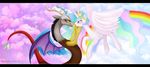  absurd_res antler antlers blue_hair blush celestia crown discord_(mlp) draconequus duo equine eye_contact fangs female feral friendship_is_magic fur green_hair hair hi_res horn jewelry long_hair male mammal mn27 multi-colored_hair my_little_pony open_mouth princess_celestia_(mlp) purple_eyes purple_hair red_eyes simple_background white_fur winged_unicorn wings yellow_eyes 