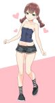  1girl :3 bare_arms bare_shoulders black_footwear black_shorts blue_eyes blue_shirt braid breasts brown_hair cleavage collarbone crop_top denim denim_shorts doubutsu_no_mori full_body highres long_hair looking_at_viewer midriff naughty_face navel ribbed_shirt shirt shoes short_shorts shorts sky_(freedom) sleeveless sleeveless_shirt small_breasts smile socks solo standing stomach strapless strapless_shirt striped striped_legwear thighs tubetop twin_braids twintails 