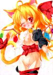  ahoge animal_ears bad_id bad_pixiv_id blonde_hair cat_ears cat_tail flandre_scarlet highres kemonomimi_mode looking_at_viewer nagai_wataru naked_ribbon nude open_mouth pussy red_eyes ribbon solo tail touhou wince 