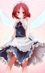  :&lt; apron bad_id bad_pixiv_id blush clenched_hand closed_mouth fairy_maid fairy_wings highres maid maid_headdress red_eyes red_hair s-syogo short_hair solo touhou v-shaped_eyebrows waist_apron wings 