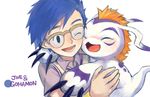  ;d ayame_(artist) blue_hair blush character_name claws closed_eyes creature digimon digimon_adventure glasses gomamon kido_jou male_focus one_eye_closed open_mouth orange_hair smile 