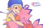  :d ayame_(artist) beak bird blush character_name claws closed_eyes digimon digimon_adventure gloves hat hug one_eye_closed open_mouth orange_hair piyomon short_hair smile takenouchi_sora teeth 