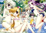  :d ;d adjusting_clothes adjusting_swimsuit ass barefoot bikini blonde_hair blue_eyes blush bow bracelet breasts corona_timir crease einhart_stratos feet flat_chest front-tie_top fujima_takuya green_eyes green_hair hair_bow heterochromia highres innertube jewelry long_hair lutecia_alpine lyrical_nanoha mahou_shoujo_lyrical_nanoha_vivid medium_breasts multiple_girls navel one-piece_swimsuit one_eye_closed open_mouth print_bikini purple_eyes purple_hair red_eyes rio_wezley scan side-tie_bikini smile star star_print swimsuit twintails vivio wading water waterfall 