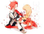  1girl alternate_costume alternate_hairstyle blonde_hair blue_eyes bow bowtie braid closed_eyes collet_brunel dress gotou_(pixiv37128) long_hair petals red_hair ribbon sitting smile tales_of_(series) tales_of_symphonia white_background zelos_wilder 