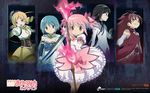  aiming aiming_at_viewer akemi_homura bow dark_background dress frills highres kaname_madoka magical_girl mahou_shoujo_madoka_magica mahou_shoujo_madoka_magica_online miki_sayaka multiple_girls official_art ribbon sakura_kyouko tomoe_mami wallpaper weapon 